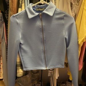 Blue rib zip up long sleeve polo top